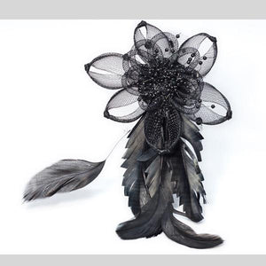 FH2 FLORAL BLACK FEATHER HAIR FASCINATOR WITH TAIL - #FC0301